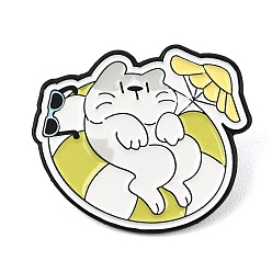Cat Shape Летняя брошь-булавка из цинкового сплава с запеканием краски для рюкзака и одежды, желто-зеленый, кошка отдыхает на плавательном круге, 27x31 мм