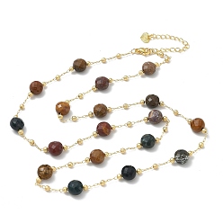 Ocean Jasper Natural Ocean Jasper Faceted Flat Round Beaded Chain Necklaces with Matte Brass Beads, 304 Stainless Steel Jewelry for Women, Golden, Long-Lasting Plated, 25.16 inch(63.9cm)