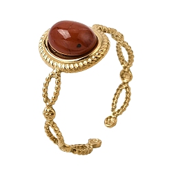 Red Jasper 304 Stainless Steel Cuff Open Rings for Women, Oval, with Natural Red Jasper, Ion Plating(IP), Golden, 11.5mm, Inner Diameter: 17mm