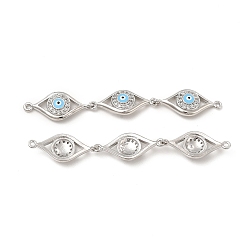 Light Sky Blue Brass Micro Pave Clear Cubic Zirconia Connector Charms, with Enamel, 3 Evil Eye Links, Platinum, Light Sky Blue, 63x10x3.8mm, Hole: 1.4mm
