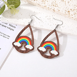 water drop hollow rainbow Retro Water Drop Wood Earrings Personalized Simple Geometric Hollow Rainbow Heart Earrings