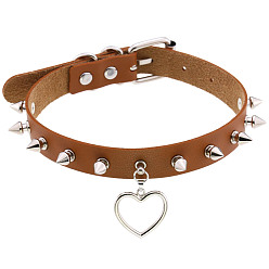 Light brown Punk Rivet Spike Lock Collar Chain Necklace with Soft Girl Peach Heart Pendant