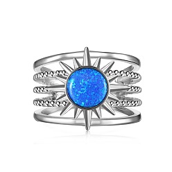 Real Platinum Plated Sun Rhodium Plated 925 Sterling Silver Wide Band Rings, with Synthetic Opal, Real Platinum Plated, US Size 6 3/4(17.1mm)