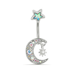 Platinum Colorful Rhinestone Moon & Star Dangle Belly Ring, Alloy Navel Ring with 316L Surgical Stainless Steel Bar for Women Piercing Jewelry, Stainless Steel Color, 13mm