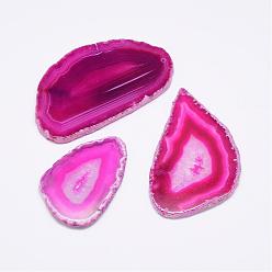 Hot Pink Natural Agate Pendants, Dyed, Nuggets, Hot Pink, 60~85x35~55x5mm, Hole: 2mm
