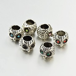 Mixed Color Rondelle with Owl Antique Silver Zinc Alloy Rhinestone European Large Hole Beads, Grade A, Mixed Color, 7.5x10x10.5mm, Hole: 5mm