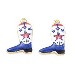 Medium Blue Printed Brass Pendants, Cowboy Boot with Star Charms, Rack Plating, Long-Lasting Plated, Lead Free & Cadmium Free, Real 18K Gold Plated, Medium Blue, 24x17x3.5mm, Hole: 1.7mm