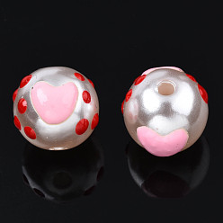 Pink ABS Plastic Imitation Pearl Beads, with Enamel, Round with Heart, Pink, 12x11mm, Hole: 2mm