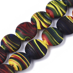 Colorful Handmade Frosted Lampwork Beads Strands, Stripe Beads, Flat Round, Colorful, 15~16x7.5~8mm, Hole: 1.2mm, about 35pcs/Strand, 19.69 inch~20.08 inch