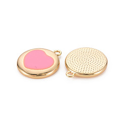 Pink Brass Enamel Pendants, Nickel Free, Real 18K Gold Plated, Flat Round with Heart, Pink, 16x14x2mm, Hole: 1.2mm