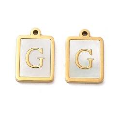 Letter G 304 Stainless Steel Pendants, with Shell, Rectangle Charms with Letter, Real 14K Gold Plated, Letter G, 18x12x2mm, Hole: 1.4mm