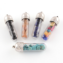 Mixed Stone Wishing Glass Bottle Pendants, with Chip Gemstones Beads inside and Antique Silver Tone Alloy Findings, Mixed Stone, 48x13mm, Hole: 1.5mm