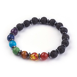 Mixed Stone Natural/Synthetic Mixed Stone Stretch Bracelets, with Lava Rock and Non-Magnetic Synthetic Hematite Beads, 2-1/8 inch(5.5cm)