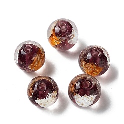 Rosy Brown Handmade Lampwork Bead, with Gold Foil, Round, Rosy Brown, 11.5~12x11~11.5mm, Hole: 1.8~2mm