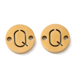 Letter Q Ion Plating(IP) 304 Stainless Steel Connector Charms, Flat Round with Letter, Golden, Letter Q, 9x1~1.5mm, Hole: 1~1.4mm
