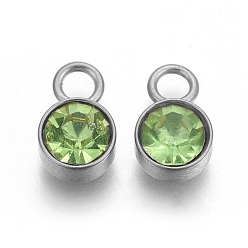Peridot Glass Rhinestone Charms, Birthstone Charms, with Stainless Steel Color Tone 201 Stainless Steel Findings, Flat Round, Peridot, 10x6x5mm, Hole: 2mm