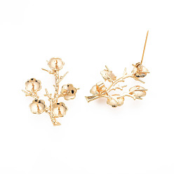 Real 18K Gold Plated Brass Brooch Findings, For Half Drilled Beads, Leafy Branches, Nickel Free, Real 18K Gold Plated, 40x31x11mm, Pin: 0.7mm, Pin: 0.9mm(for Half Drilled Bead)