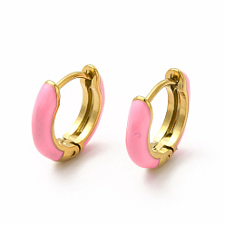 Hot Pink Enamel Hoop Earrings, Real 18K Gold Plated 316 Surgical Stainless Steel Jewelry for Women, Hot Pink, 13x14x3mm, Pin: 1mm