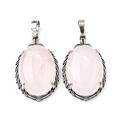 Розовый Кварц Природного розового кварца подвески, латунные овальные подвески, античное серебро, 33.5~34x21x10 мм, отверстие : 8x5 мм