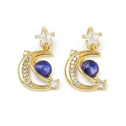 Розовато-лиловый Латунные микро проложить кубического циркония подвески, Луна и звезды, cmолой, без свинца и без кадмия, долговечный, стойки покрытие, реальный 18 k позолоченный, розовато-лиловый, 21.5 мм, отверстие : 4.5x2 мм