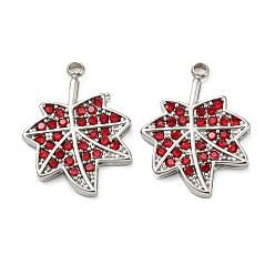 Stainless Steel Color 304 Stainless Steel Pendants, with Siam Rhinestone, Leaf Charms, Stainless Steel Color, 18x13.5x2mm, Hole: 1.6mm