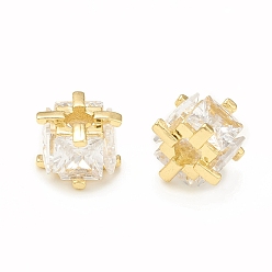 Real 18K Gold Plated Clear Glass Beads, with Brass Findings, Square, Real 18K Gold Plated, 8.5x8.5x6.5mm, Hole: 3mm
