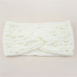 Floral White Acrylic Fiber Knitted Yarn Warmer Headbands, with Plastic Imitation Pearl, Soft Stretch Thick Cable Knit Head Wrap for Women, Floral White, 210x110mm