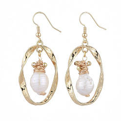 Real 18K Gold Plated Oval Dangle Earrings, with Natural Pearl, Alloy Twist Links, Brass Earring Hooks and Round Beads, with Cardboard Boxes, Real 18K Gold Plated, 55mm, Pin: 0.6mm