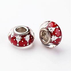 Red Large Hole Rondelle Resin European Beads, with Platinum Tone Brass Double Cores, Christmas, Red, 14x8mm, Hole: 5mm