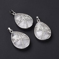Quartz Crystal Natural Quartz Crystal Pendants, Rock Crystal Pendants, with Platinum Tone Brass Findings, Lead Free & Cadmium Free, Teardrop with Dragonfly Charms, 40~40.5x26~26.5x9~9.5mm, Hole: 5x7mm