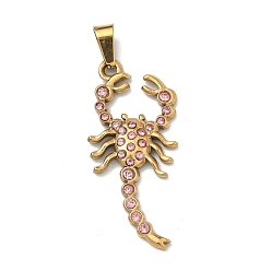 Розовый 304 подвески из нержавеющей стали, прелести скорпиона, со стразами, с кнопкой на поруки, ионное покрытие (ip), золотые, светло-розовый, 37x16.5x3.5 мм, отверстие : 6x3.4 мм