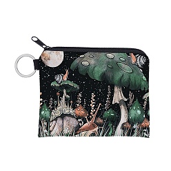 Black Polyester Zip Pouches, Change Purse, Rectangle with Mushroom Pattern, Black, 9.3x11.3cm