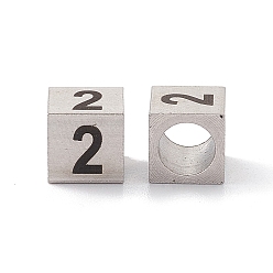 Number 303 Stainless Steel European Beads, Large Hole Beads, Cube with Number, Stainless Steel Color, Num.2, 7x7x7mm, Hole: 5mm