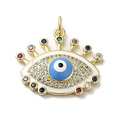 White Brass Micro Pave Cubic Zirconia Pendants, with Enamel, with Jump Ring, Real 18K Gold Plated, Evil Eye, White, 20x23x5.3mm, Hole: 3.5mm