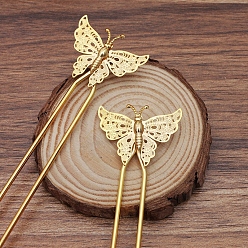 Golden Brass Hair Fork Findings, with Butterfly Filigree Findings, Golden, 135x12x2mm
