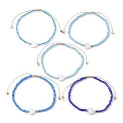 Blue 5Pcs 5 Colors Natural Shell Heart & Seed Braided Bead Bracelets Set, Adjustable Synthetic Hematite Stackable Bracelets, Blue, Inner Diameter: 2-1/4~3-3/8 inch(5.6~8.7cm), 1Pc/color