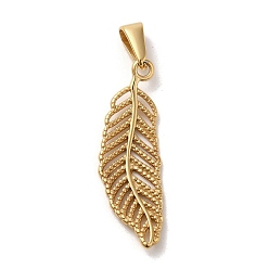 Golden Vacuum Plating 304 Stainless Steel Pendants, Feather Charm, Golden, 33x10.5x2mm, Hole: 3x7mm