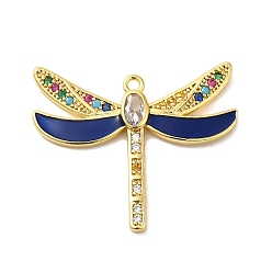 Dark Blue Rack Plating Brass Cubic Zirconia Pendants, with Enamel, Long-Lasting Plated, Lead Free & Cadmium Free, Real 18K Gold Plated, Dragonfly, Dark Blue, 25.5x30x3mm, Hole: 1.6mm