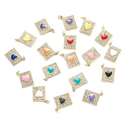 Mixed Color Brass Micro Pave Clear Cubic Zirconia Pendants, with Enamel, Real 18K Gold Plated, Long-Lasting Plated, Rectangle with Heart, Mixed Color, 22.5x19x3mm, Hole: 3.4mm