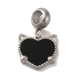 Stainless Steel Color 304 Stainless Steel European Dangle Charms, Large Hole Pendants with Black Heart Shaped Acrylic, Cat Head, Stainless Steel Color, 22mm, Pendant: 13.5x14x3mm, Hole: 4.5mm