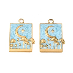Светло-Голубой 304 нержавеющей стальной эмали подвески, прямоугольник с подвесками в виде луны и гриба, ионное покрытие (ip), реальный 18 k позолоченный, Небесно-голубой, 25x18x2.5 мм, отверстие : 2.5 мм