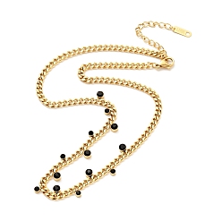Jet Rhinestone Charms Necklace with Curb Chains, Gold Plated 304 Stainless Steel Jewelry for Women, Jet, 15.00 inch(38.1cm)