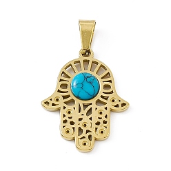 Golden Synthetic Turquoise Pendants, Hamsa Hand/Hand of Miriam Charms, Religion, with Vacuum Plating 304 Stainless Steel Findings, Golden, 25x20x3mm, Hole: 7.5x4mm