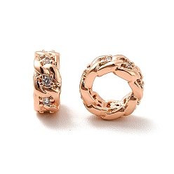 Розовое Золото Реечное покрытие латунь микро паве кубический цирконий европейские бусины, бусины с большим отверстием, долговечный, без свинца и без кадмия, бордюрная цепь плоская круглая, розовое золото , 7.5x3.5 мм, отверстие : 4.8 мм