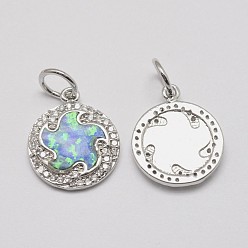 Real Platinum Plated Brass Cubic Zirconia Charms, with Synthetic Opal, Flat Round, Cadmium Free & Lead Free, Real Platinum Plated, 16x13.5x2mm, Hole: 4.5mm