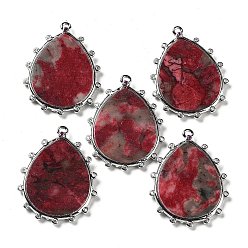 Красный Камень Природные красной яшмы подвески, покрытие стойки платинового цвета, латунь, прозрачные подвески-капли из кубического циркония, окрашенная и подогревом, 30.5x23.5x2 мм, отверстие : 1.4 мм