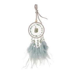 Green Aventurine Iron Natural Green Aventurine Woven Web/Net with Feather Pendant Decorations, with Wood Beads, Covered with Cotton Lace and Villus Cord, Flat Round, 490~550x81~82x5~20mm