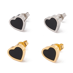 Couleur Mélangete Boucles d'oreilles clous coeur en acrylique noir, 304 bijoux en acier inoxydable pour femmes, couleur mixte, 9x10mm, pin: 0.7 mm