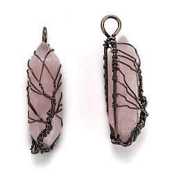 Rose Quartz Natural Rose Quartz Big Wire Wrapped Pendants, with Brass Wires, prismatic with Tree of Life, Red Copper, 48~62x14~17x13~18mm, Hole: 4x5~6mm