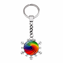 Rainbow Rainbow Theme Vortex Pattern Glass Cabochons Keychain, Alloy Snowflake Pendant Keychain, Rainbow Pattern, Cabochons: 2.5cm